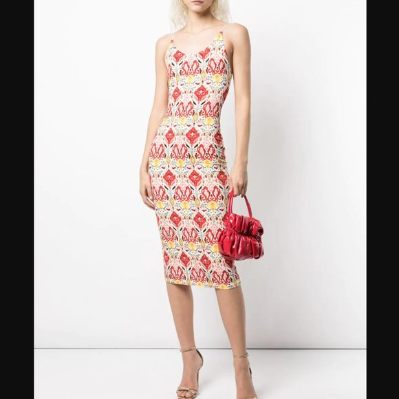 NEW Alice + Olivia Delora Printed Stretch-jersey Midi Dress In Red Size 2 #530
